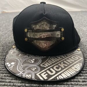 Harley Fuckin Davidson Custom‎ Leather Hand Made Black Trucker Cap Snapback